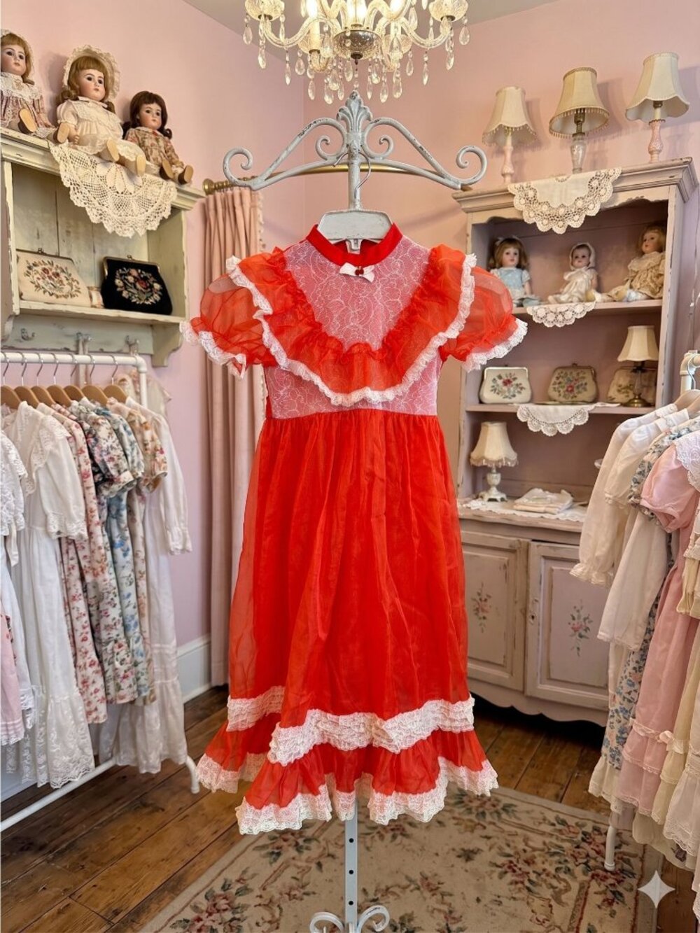 Vintage 80s Girls Red Lace Ruffle Dress 4 Mini World Pageant Holiday Coquette 4